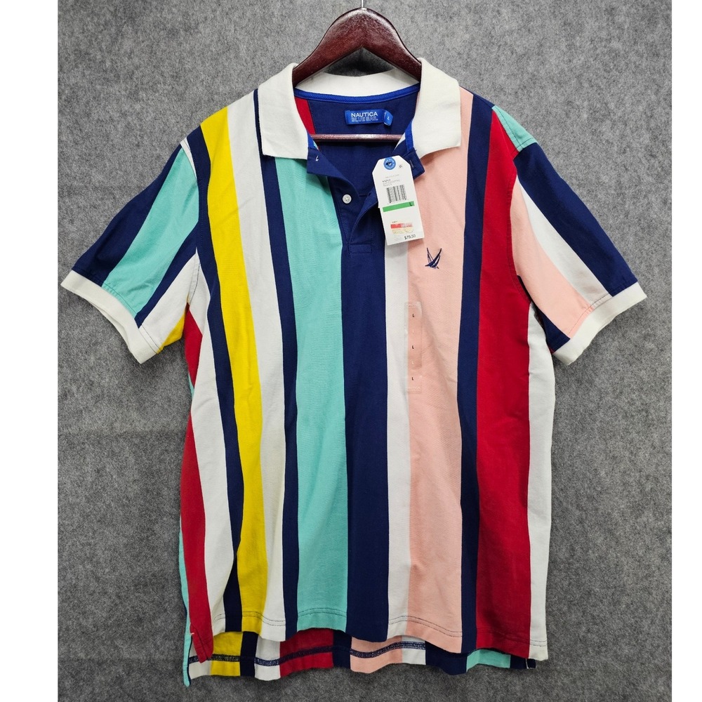 Nautica Blue Sail Mens Large Multi Color Striped Polo Shirt Blue Depths K92512